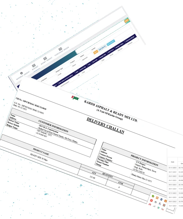 KMIX ERP screens and a printed delivery challan